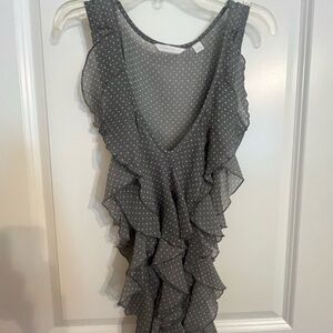 New York & Company Gray Polka Dot Ruffle Blouse